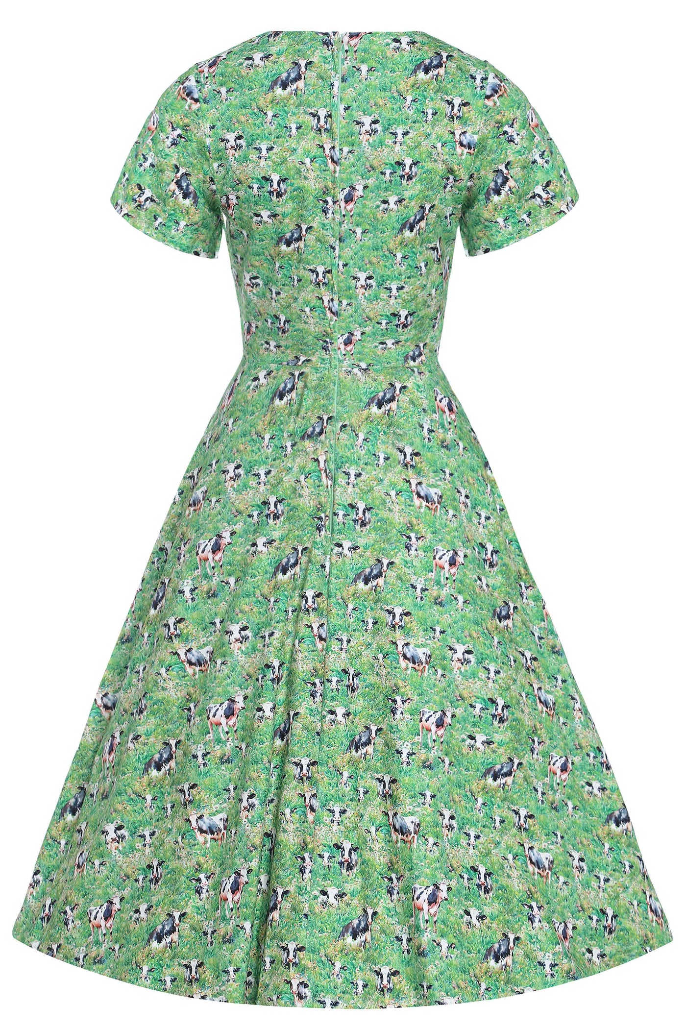 Back View of Dairy Cow Field Short Sleeved Dress in Green