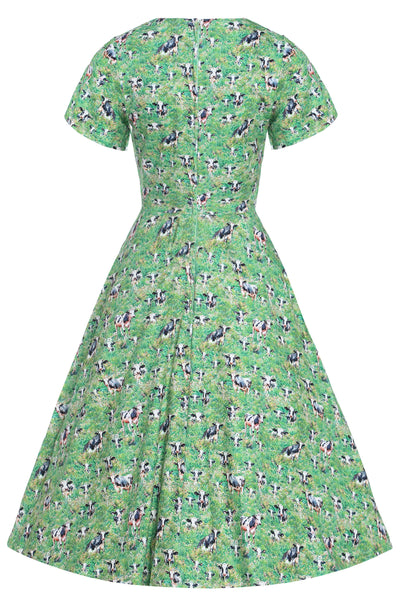 Back View of Dairy Cow Field Short Sleeved Dress in Green