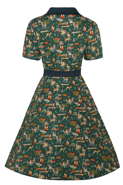 Back View of Dark Green Shirt Dress In Forest Woodland Print