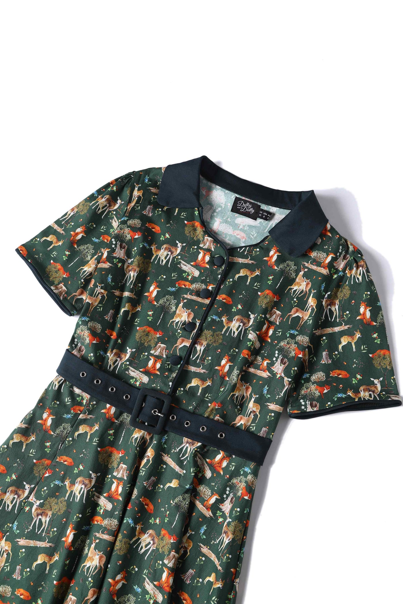 Close up View of Dark Green Shirt Dress In Forest Woodland Print