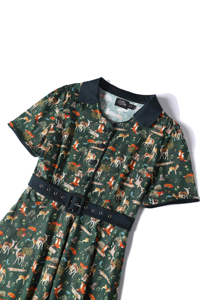 Close up View of Dark Green Shirt Dress In Forest Woodland Print