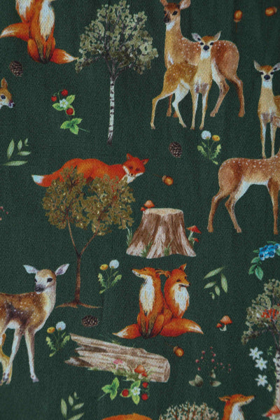 Close up View of Dark Green Shirt Dress In Forest Woodland Print