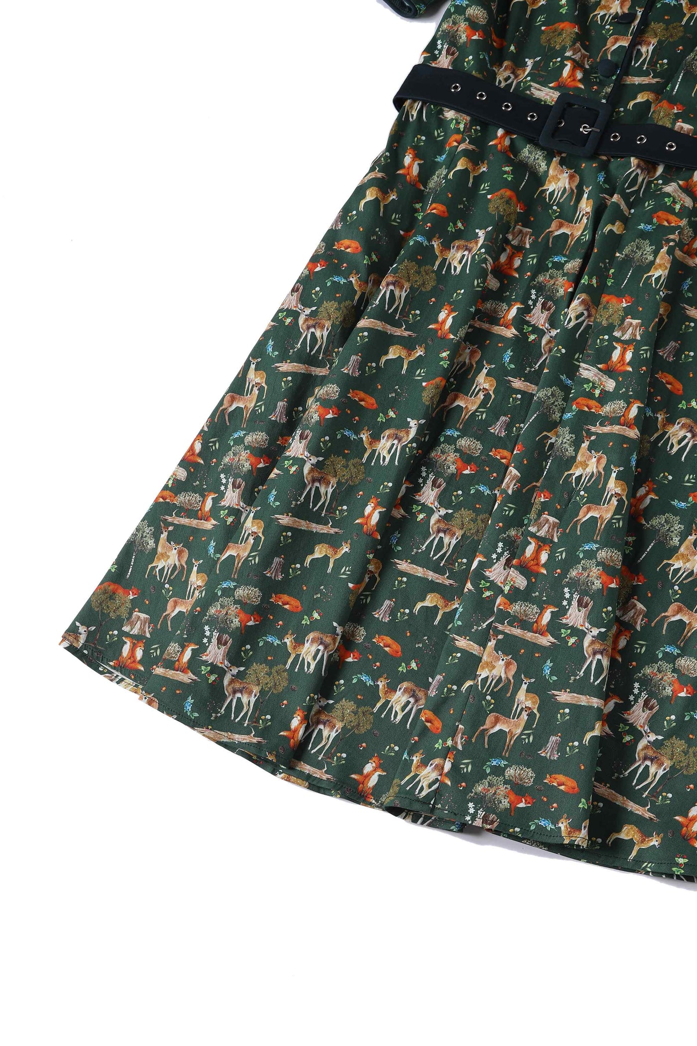 Close up View of Dark Green Shirt Dress In Forest Woodland Print