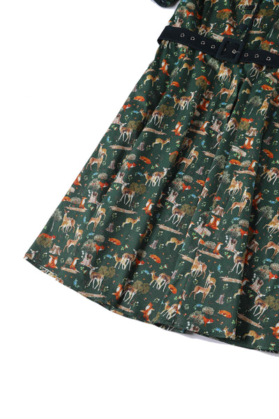 Close up View of Dark Green Shirt Dress In Forest Woodland Print