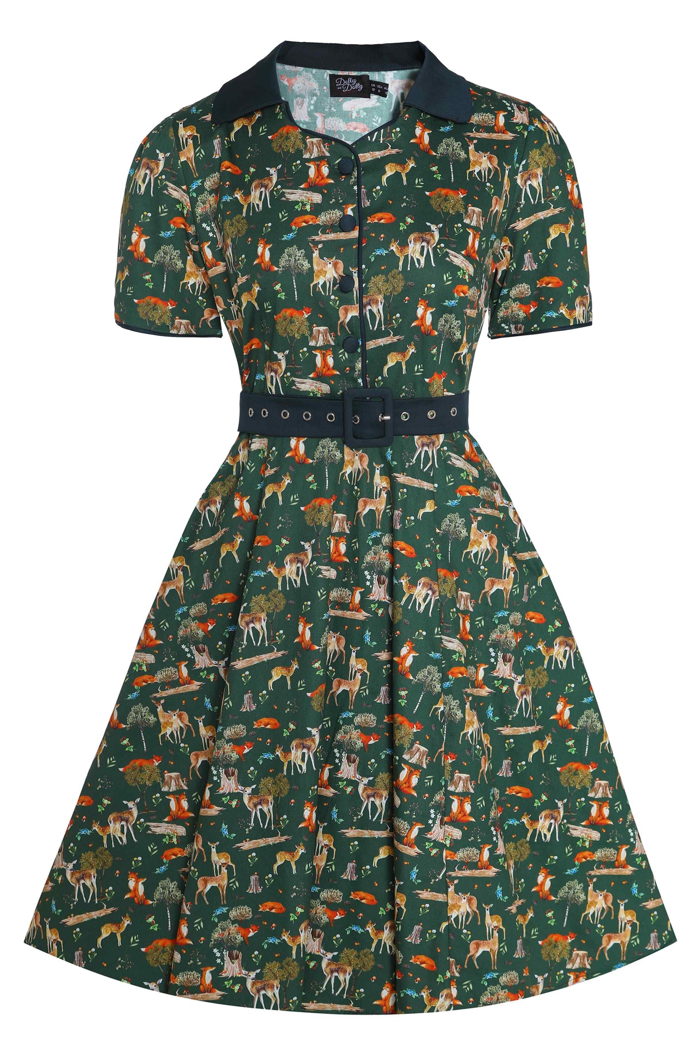 Front View of Dark Green Shirt Dress In Forest Woodland Print