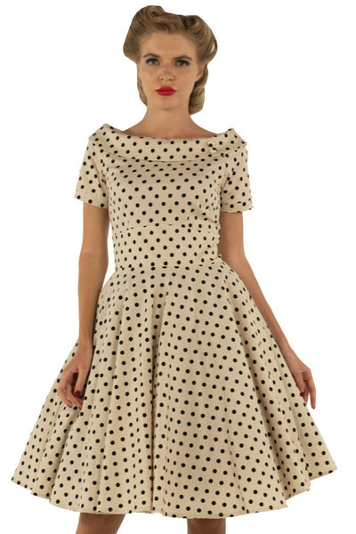 Darlene Retro Polka Dot Swing Dress in Beige