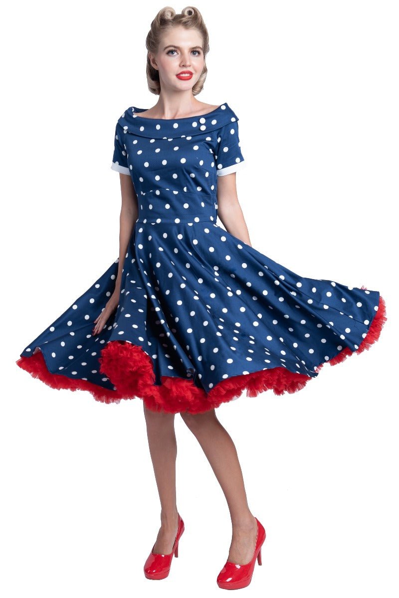 Darlene Rockabilly Polka Dot Dress in Navy-White