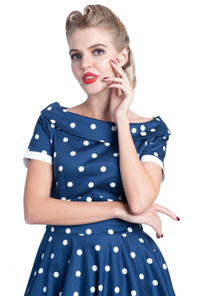 Darlene Rockabilly Polka Dot Dress in Navy-White