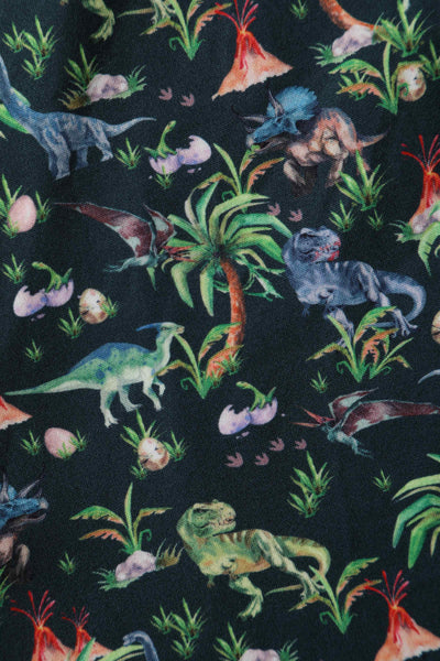 Close up View of Dinosaur and Forest Print Long Sleeved Dress in Green