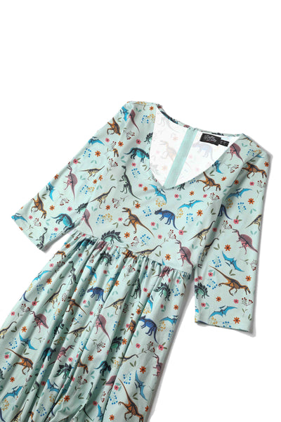 Close up View of Dinosaur Fossil Print Dress in Green