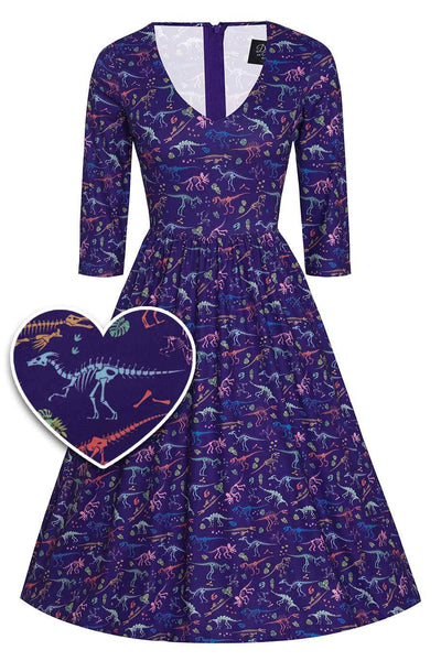 Front view of Dinosaur Fossil Print Dress in Purple