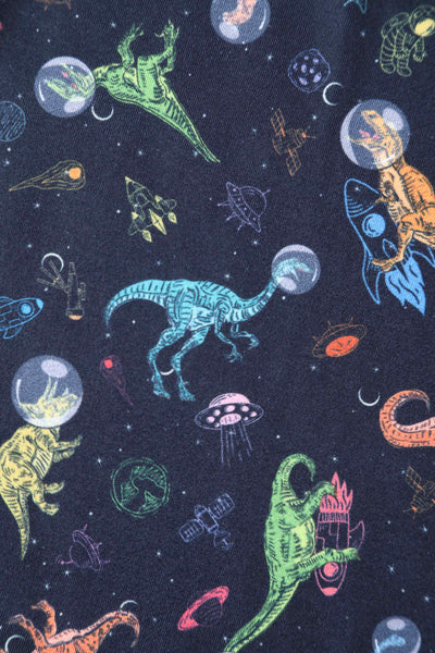 Close up view of Dinosaur In Space Long-Sleeved Dress in Navy Blue