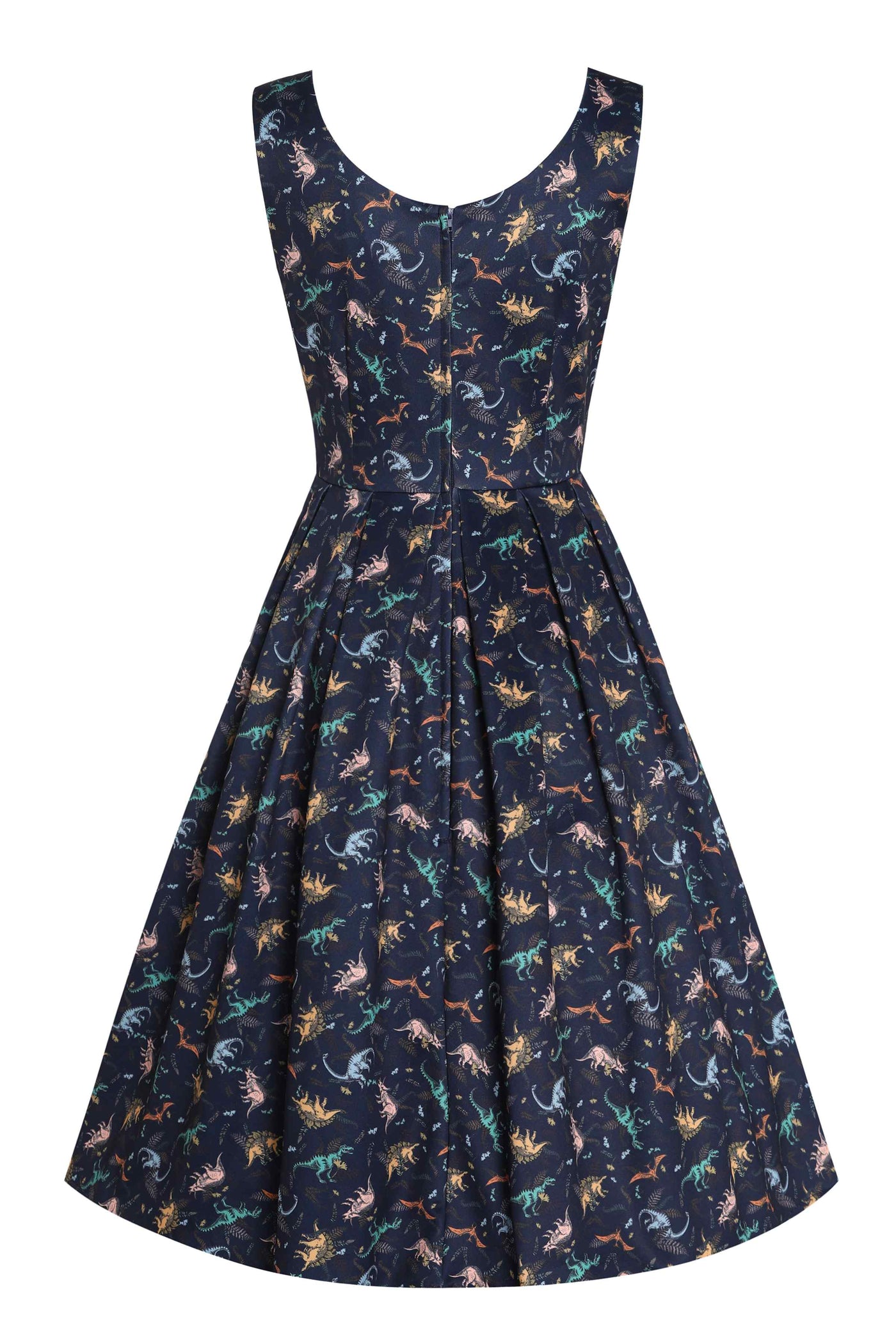 Back view of Multi-coloured Dinosaurs in Navy Blue Flared Dress