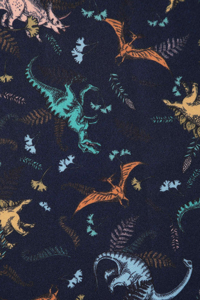 Close up view of Multi-coloured Dinosaurs in Navy Blue Flared Dress