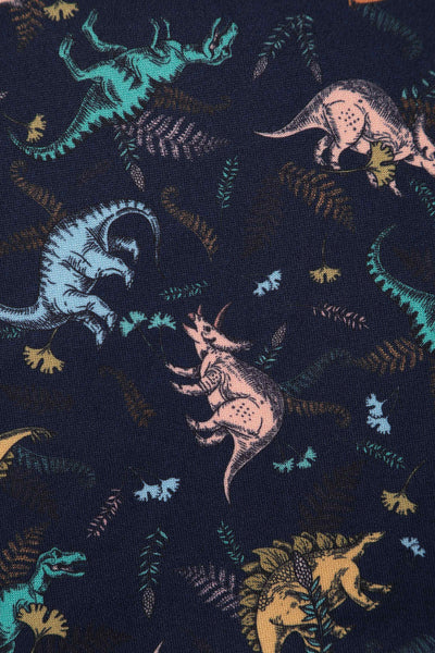 Close up view of Multi-coloured Dinosaurs in Navy Blue Flared Dress