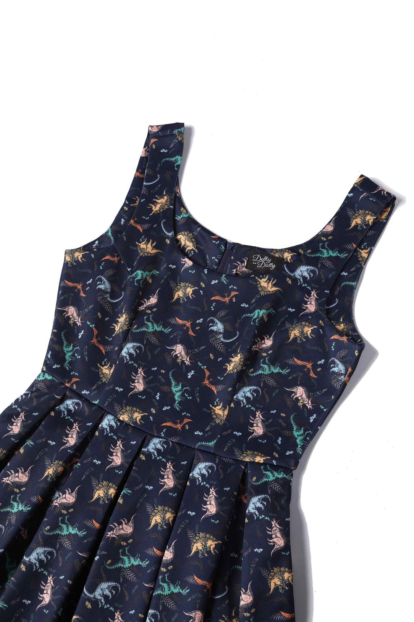 Close up view of Multi-coloured Dinosaurs in Navy Blue Flared Dress