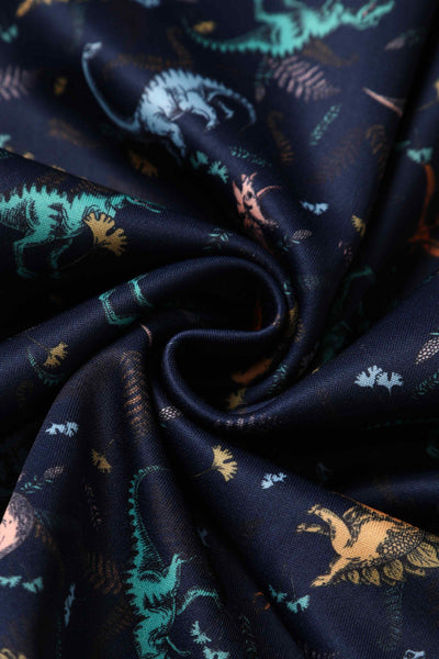 Close up view of Multi-coloured Dinosaurs in Navy Blue Flared Dress