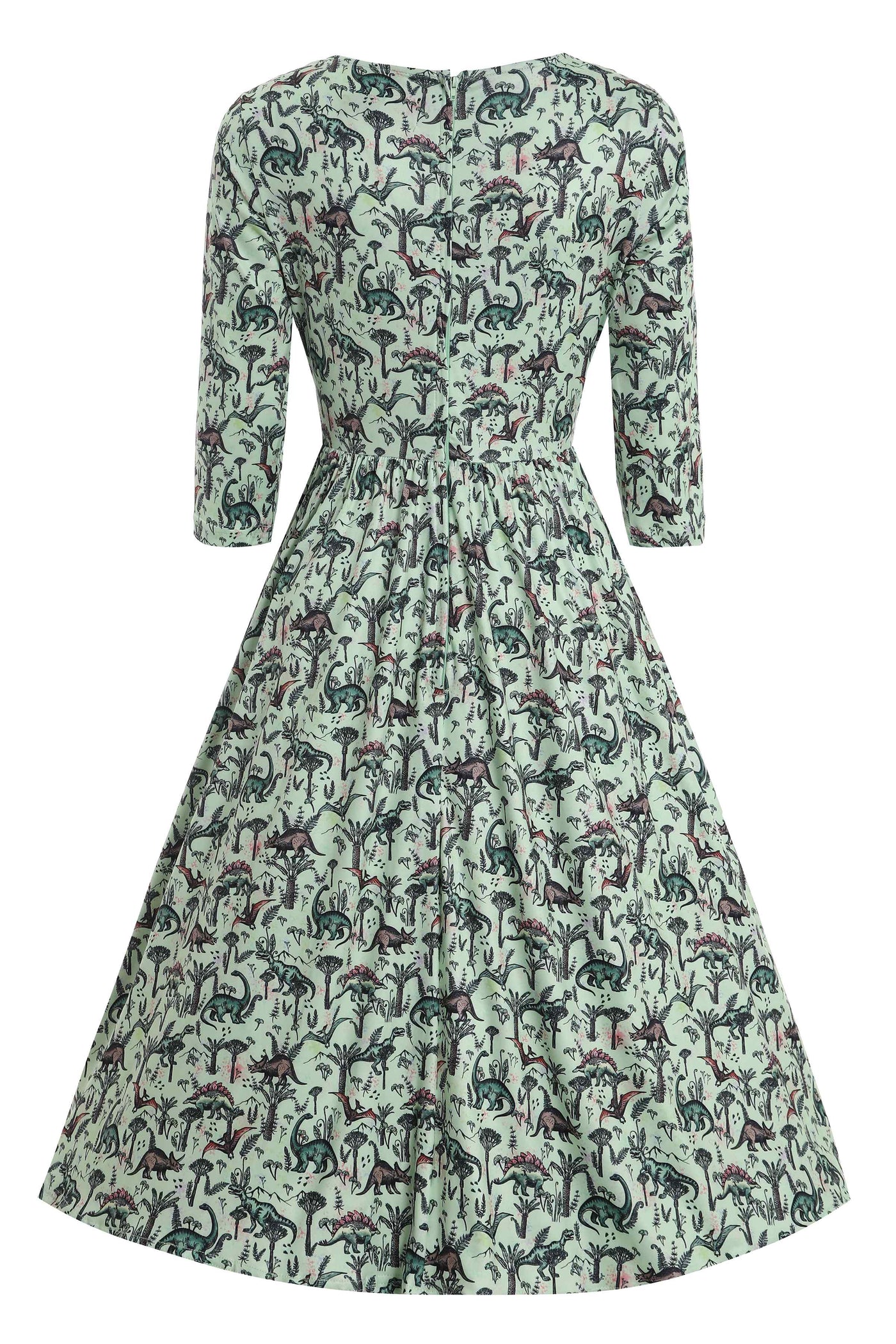 Back view of Dinosaur Print Long-Sleeved Dress in Light Green