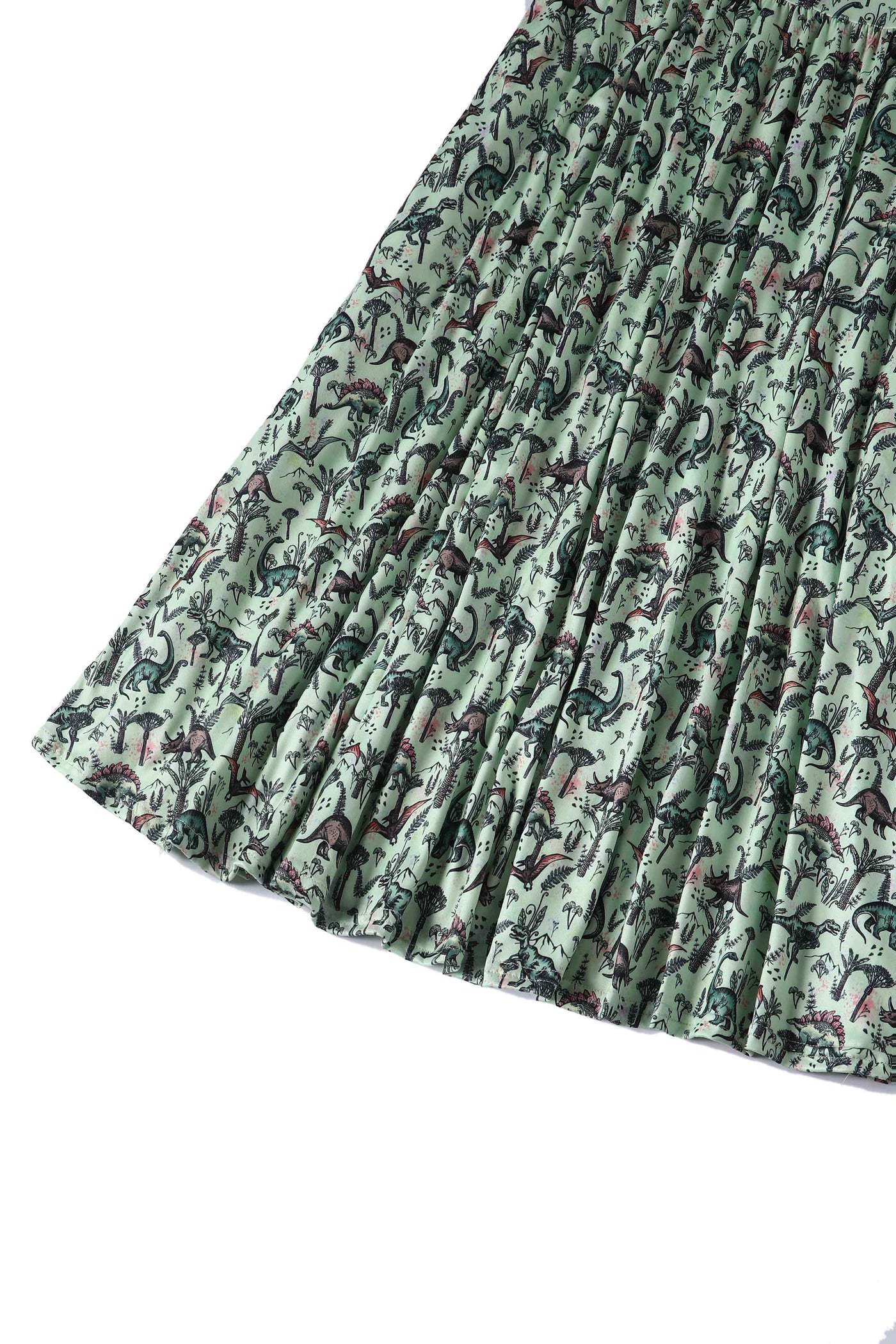 Close up view of Dinosaur Print Long-Sleeved Dress in Light Green