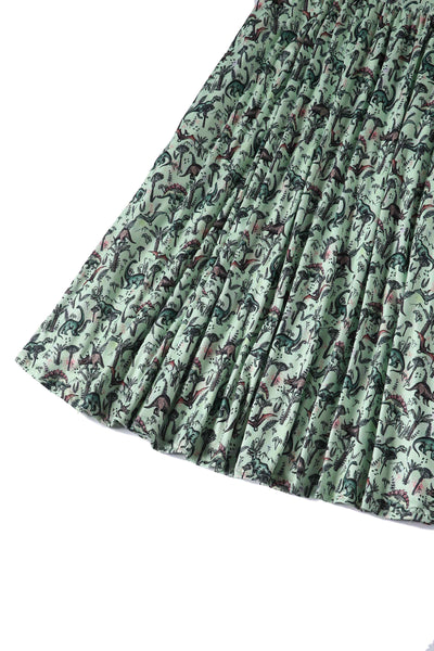 Close up view of Dinosaur Print Long-Sleeved Dress in Light Green