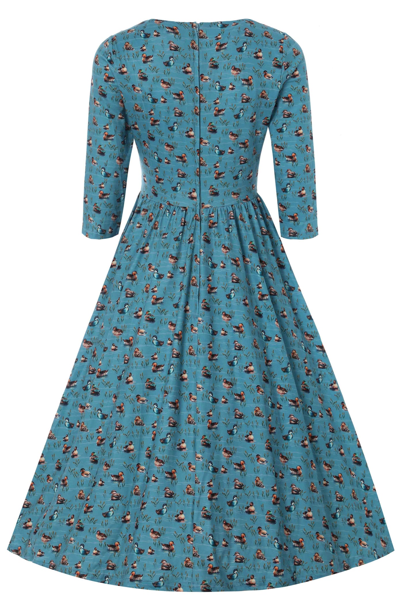 Back View of Duck Print Long Sleeved Swing Dress in Blue