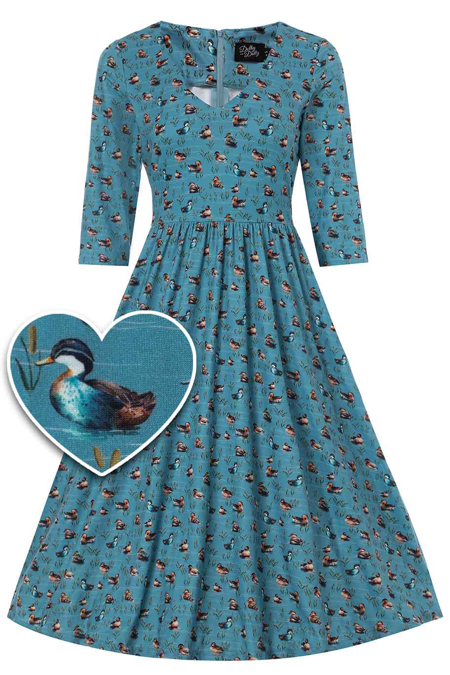 Front View of Duck Print Long Sleeved Swing Dress in Blue
