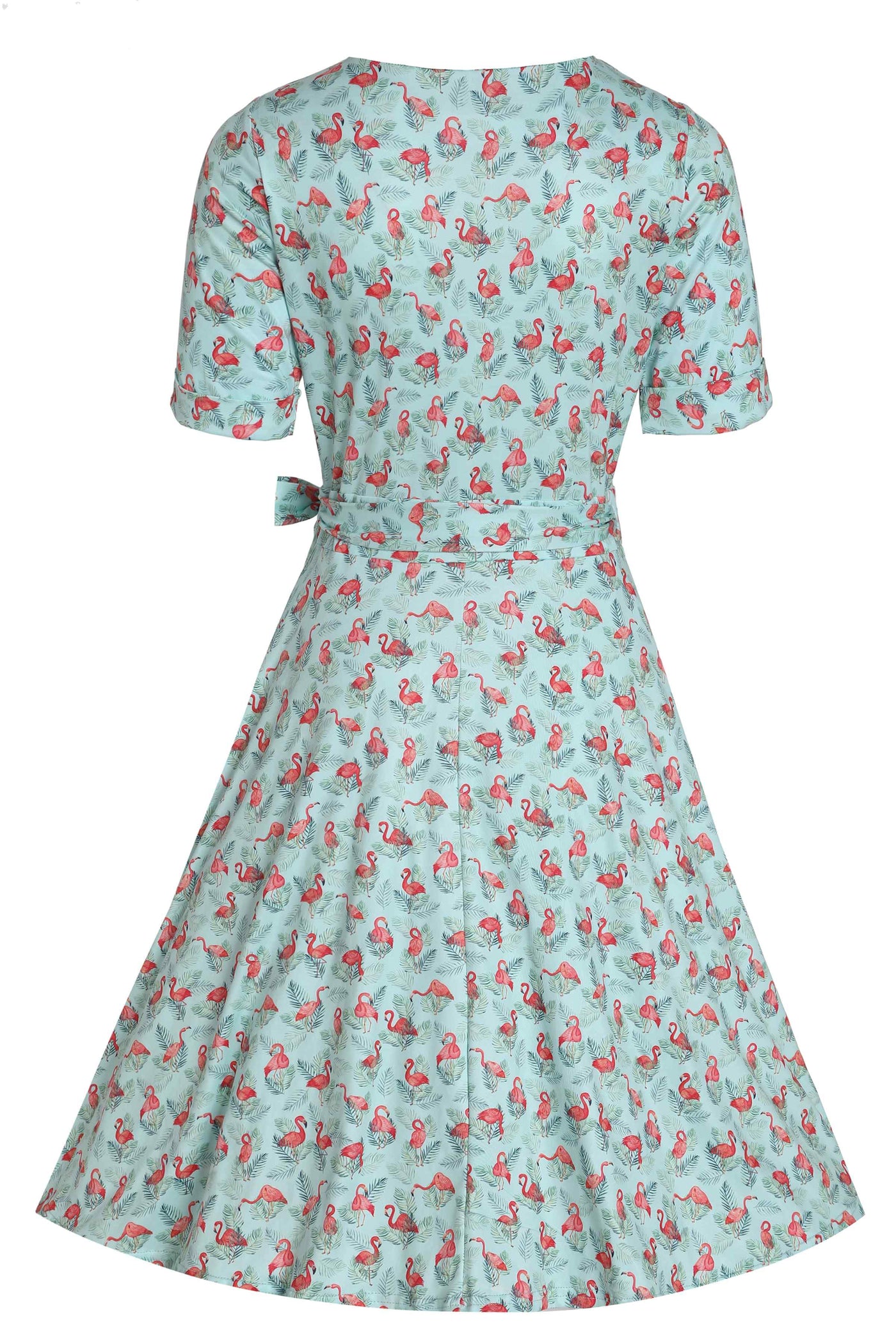 Back View of Flamingo Baby Blue Wrap Dress