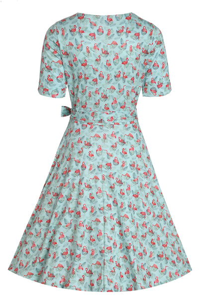 Back View of Flamingo Baby Blue Wrap Dress