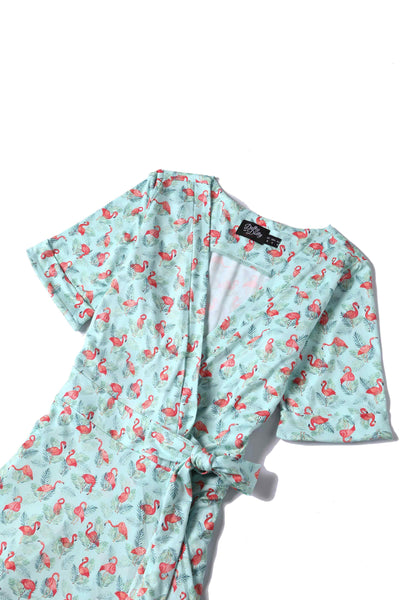Close Up View of Flamingo Baby Blue Wrap Dress