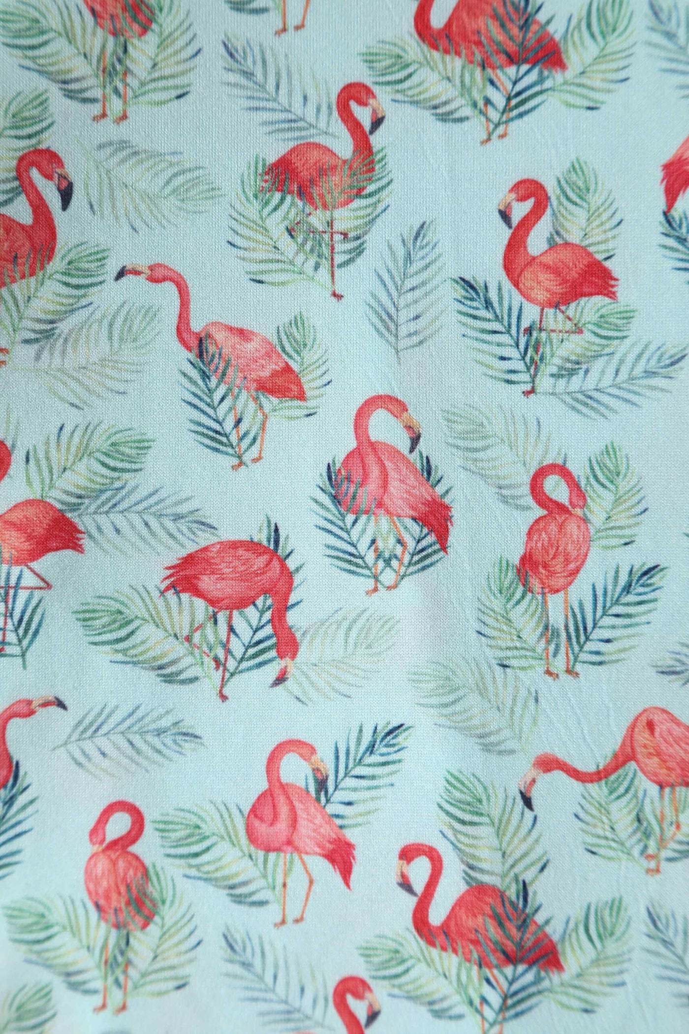 Close up View of Flamingo Baby Blue Wrap Dress
