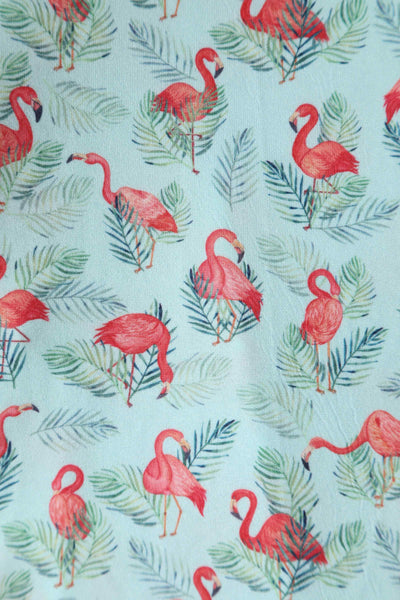 Close up View of Flamingo Baby Blue Wrap Dress