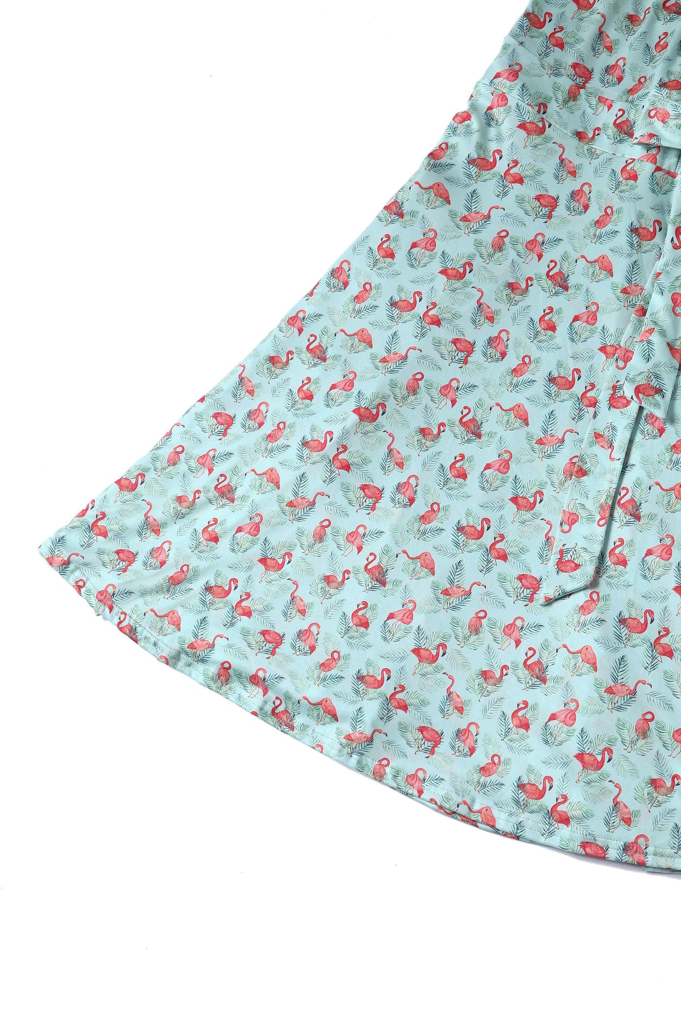 Close Up View of Flamingo Baby Blue Wrap Dress