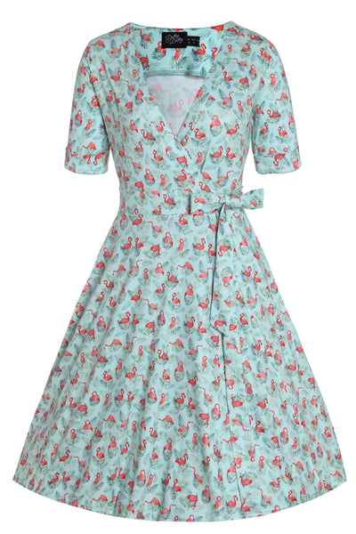 Front View of Flamingo Baby Blue Wrap Dress