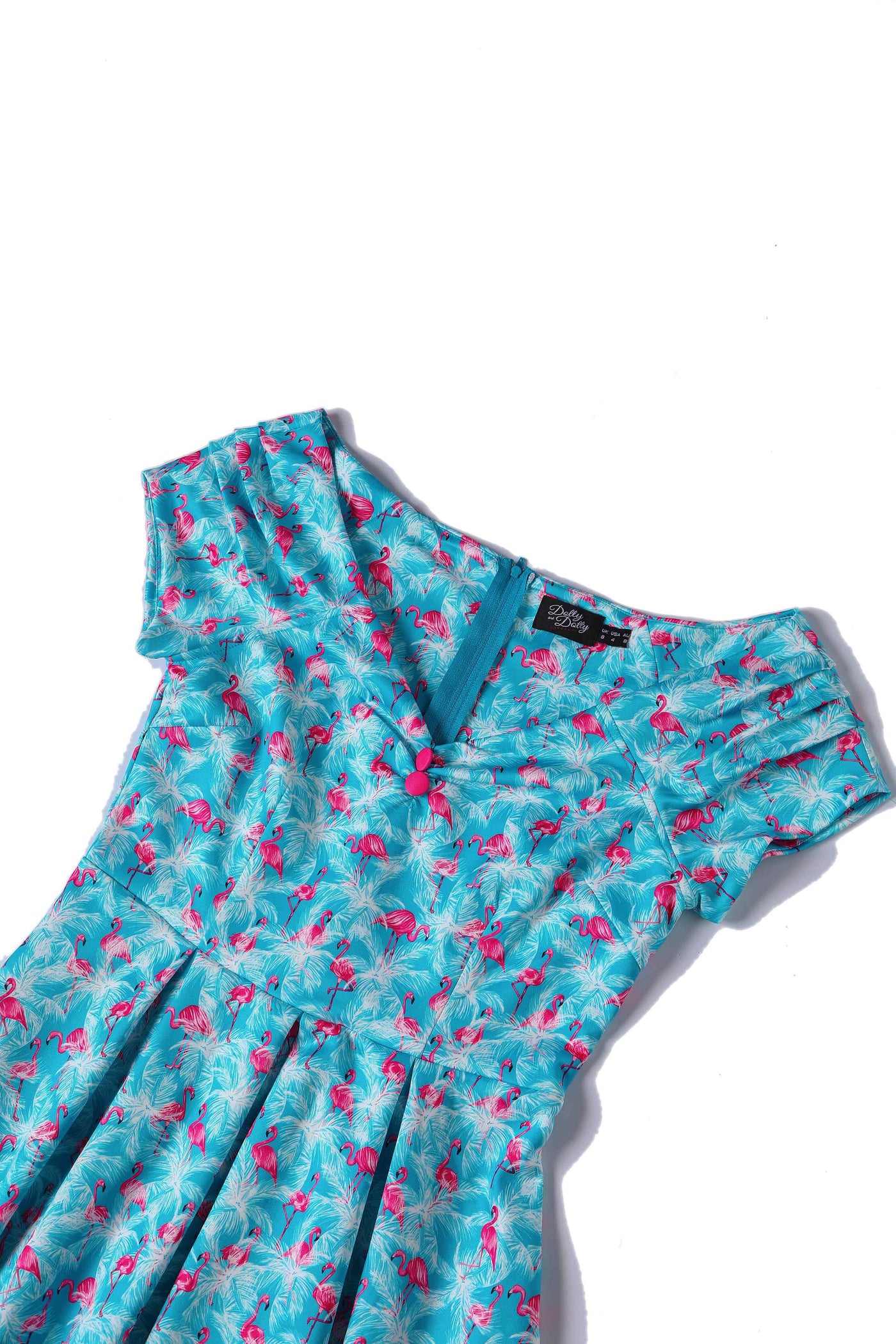 Close up View of Flamingo Blue Off Shoulder Dress