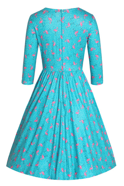 Back view of Flamingo Long Sleeved Dress in Green