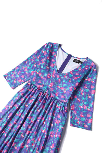 Close up view of Flamingo Long Sleeved Dress in Purple