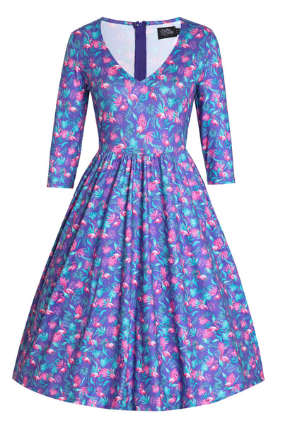 Front view of Flamingo Long Sleeved Dress in Purple