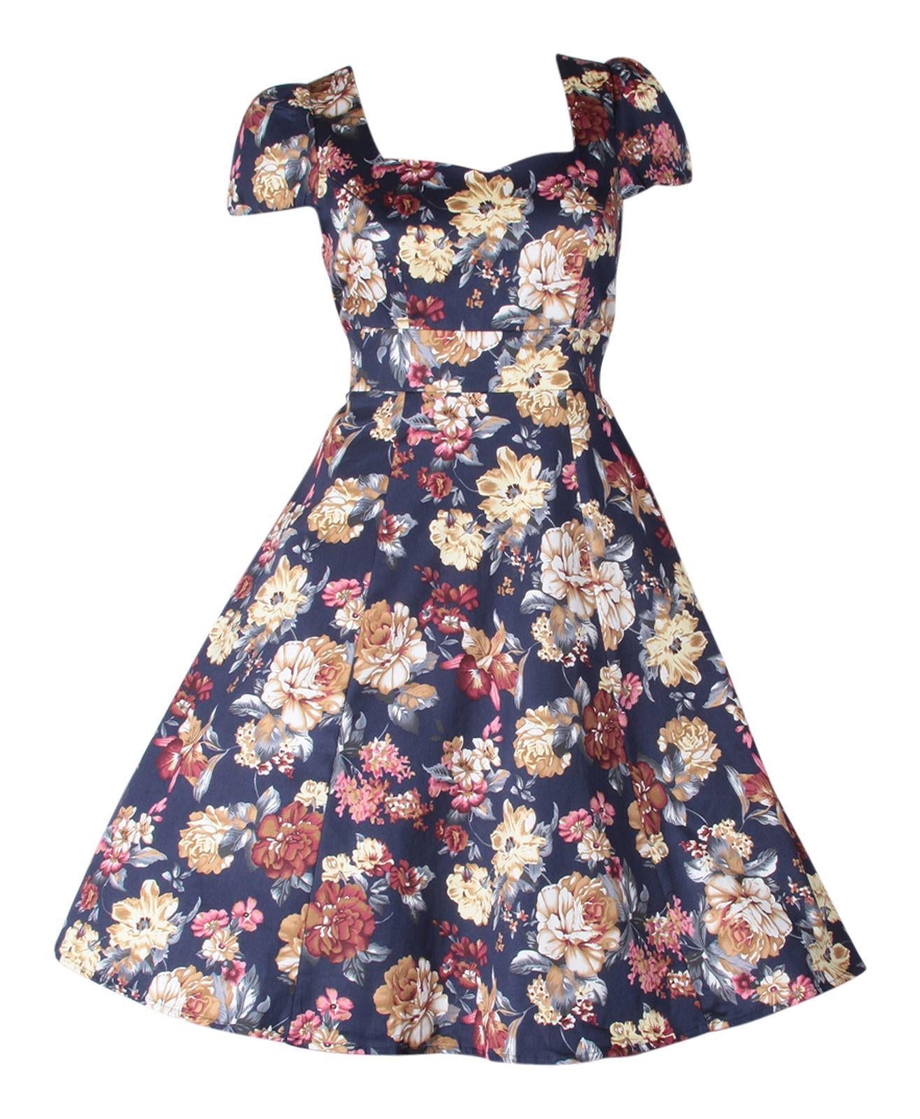 Cap sleeve Claudia dress, in navy blue, with beige flowers, front view