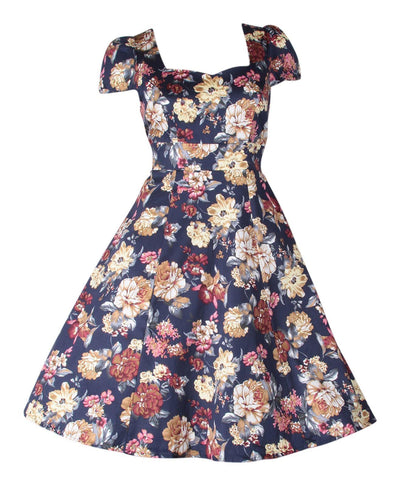 Cap sleeve Claudia dress, in navy blue, with beige flowers, front view