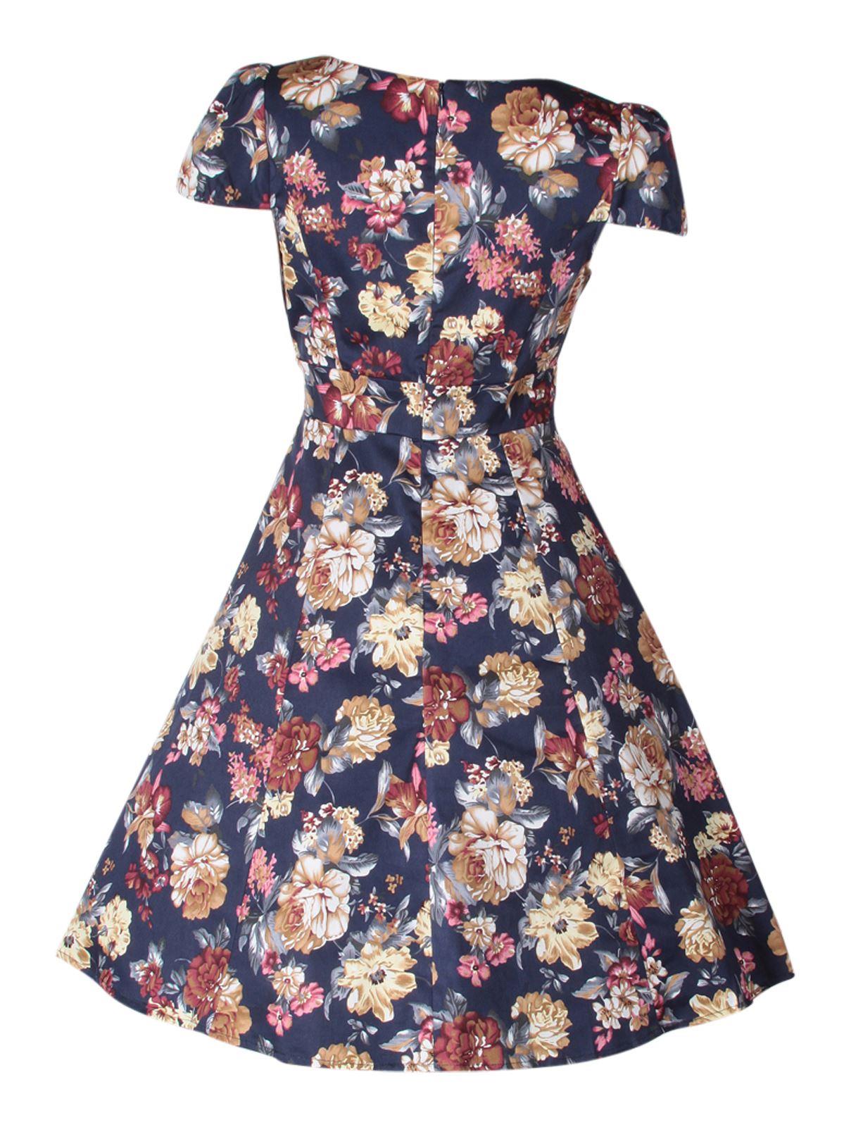 Cap sleeve Claudia dress, in navy blue, with beige flowers, back view