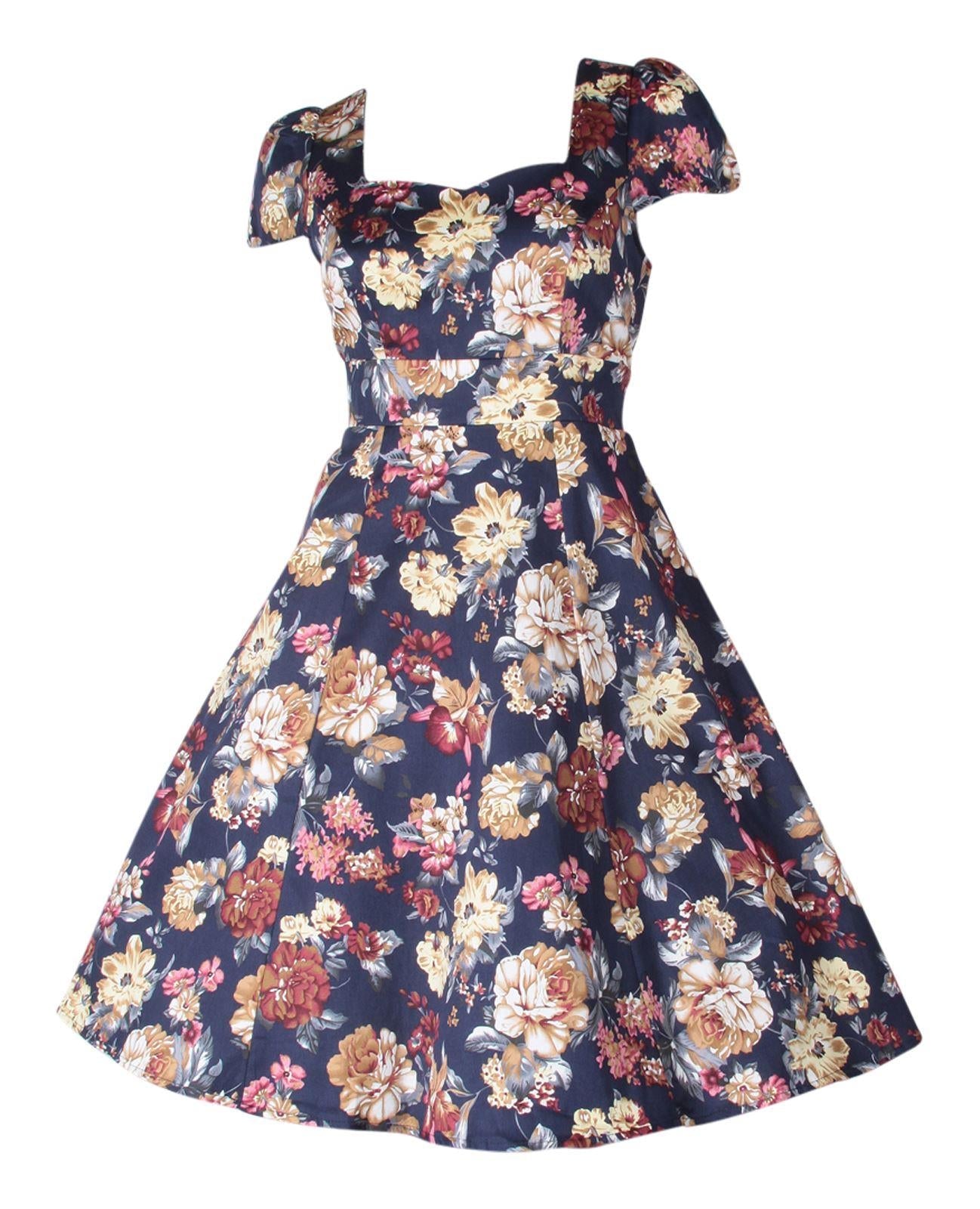 Cap sleeve Claudia dress, in navy blue, with beige flowers, side view