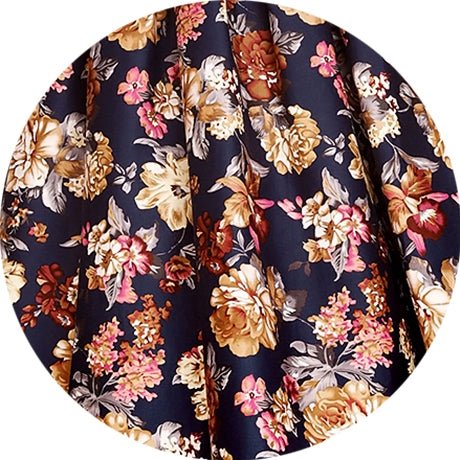 fabric close up, navy blue, with beige flowers