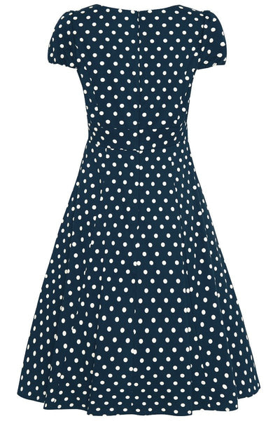 Claudia Flirty Fifties Style Dress in Dark Blue and White