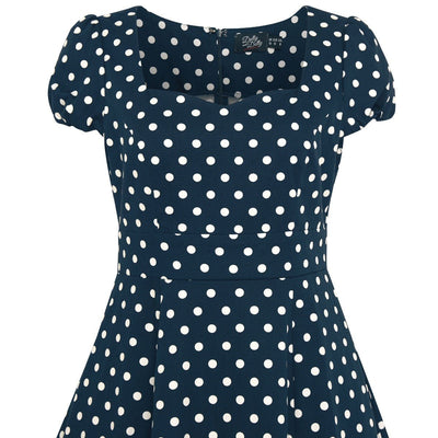 Claudia Flirty Fifties Style Dress in Dark Blue and White
