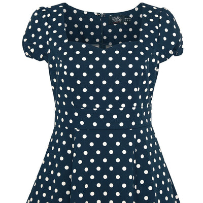 Claudia Flirty Fifties Style Dress in Dark Blue and White