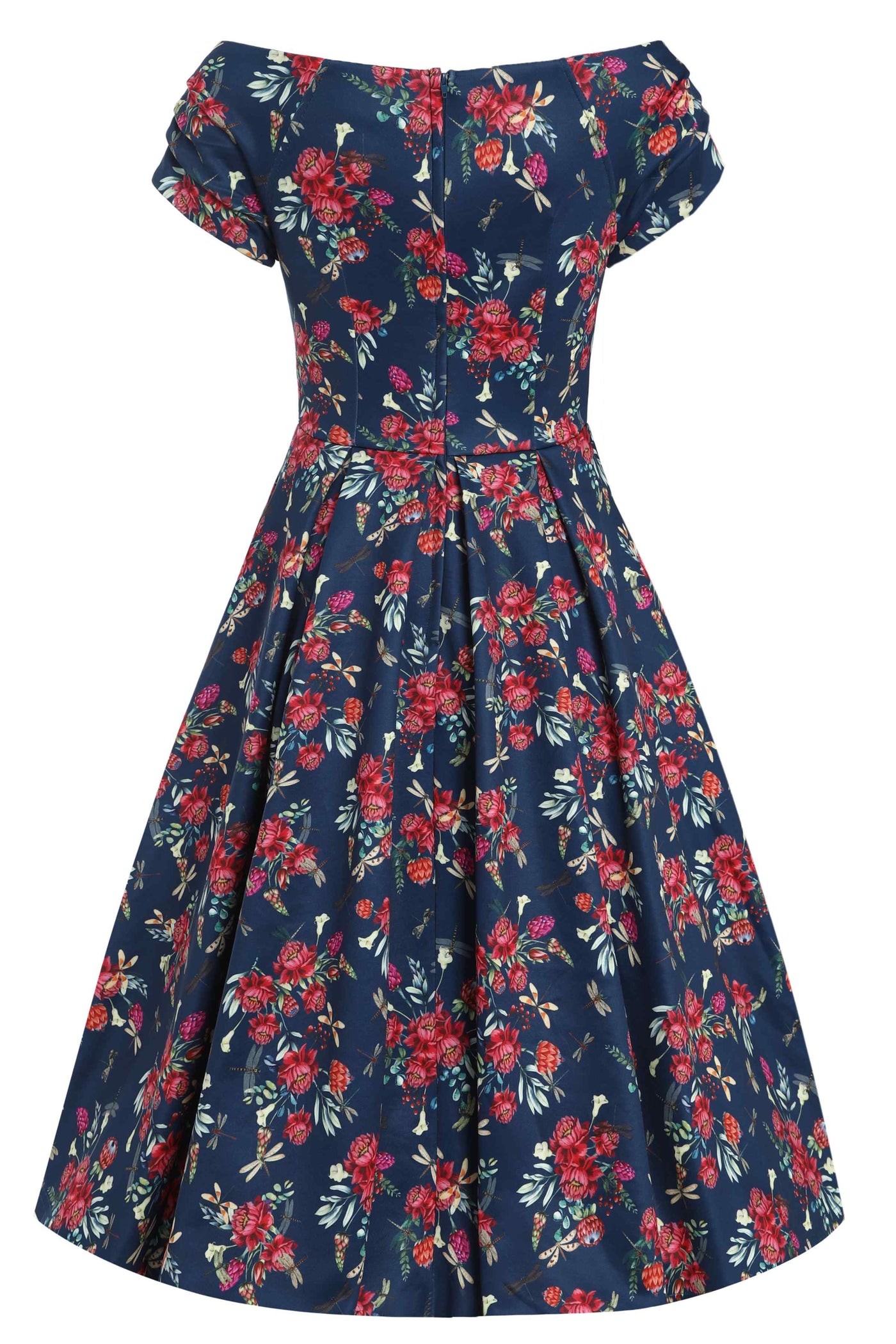 Back view of Floral Dragonfly Print Off-Shoulder Dress in Navy Blue