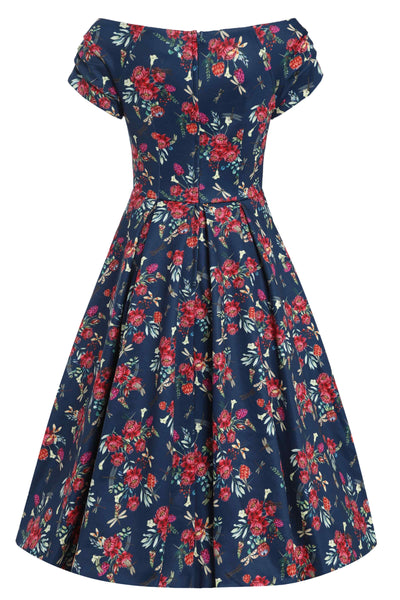 Back view of Floral Dragonfly Print Off-Shoulder Dress in Navy Blue