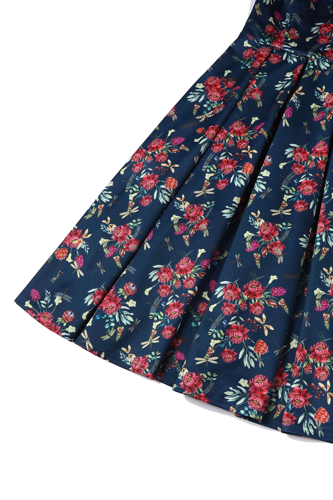 Close up view of Floral Dragonfly Print Off-Shoulder Dress in Navy Blue