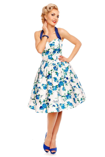 Floral Rockabilly 1950s Dress in White-Blue