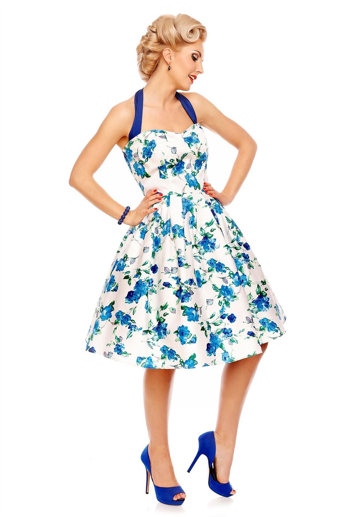 Floral Rockabilly 1950s Dress in White-Blue